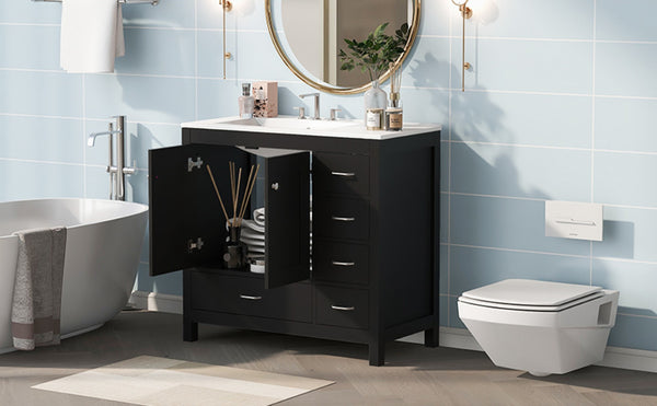 English Elm 36 Inch Matte Black Bathroom Vanity with Ceramic Sink 5 Drawers Soft Close Cabinet N729P000040B