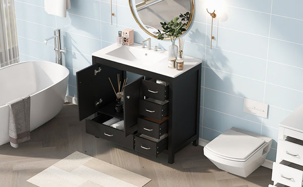 English Elm 36 Inch Matte Black Bathroom Vanity with Ceramic Sink 5 Drawers Soft Close Cabinet N729P000040B
