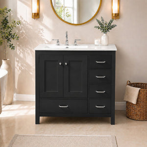 English Elm 36 Inch Matte Black Bathroom Vanity with Ceramic Sink 5 Drawers Soft Close Cabinet N729P000040B