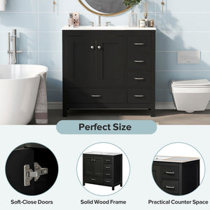 English Elm 36 Inch Matte Black Bathroom Vanity with Ceramic Sink 5 Drawers Soft Close Cabinet N729P000040B