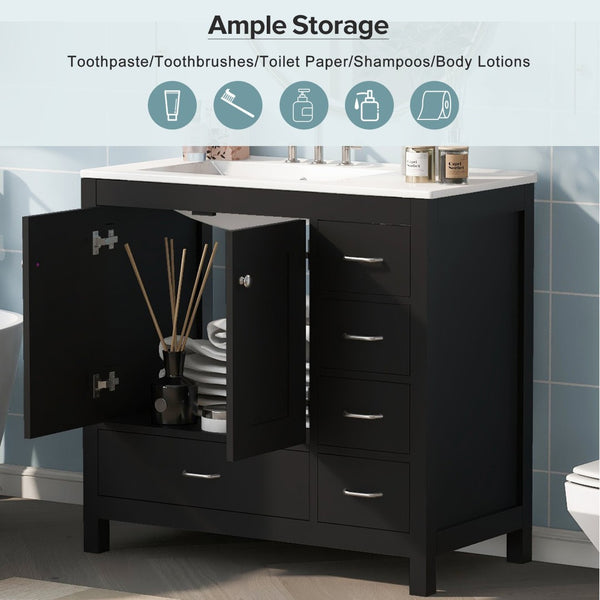 English Elm 36 Inch Matte Black Bathroom Vanity with Ceramic Sink 5 Drawers Soft Close Cabinet N729P000040B