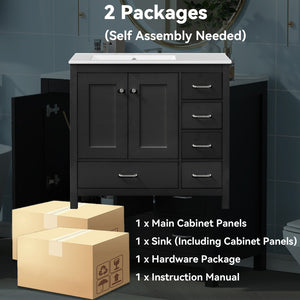 English Elm 36 Inch Matte Black Bathroom Vanity with Ceramic Sink 5 Drawers Soft Close Cabinet N729P000040B