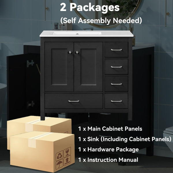 English Elm 36 Inch Matte Black Bathroom Vanity with Ceramic Sink 5 Drawers Soft Close Cabinet N729P000040B