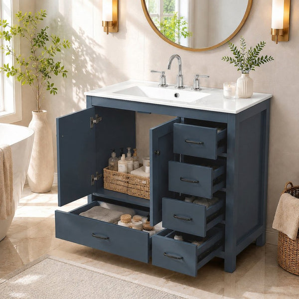 English Elm 36 Inch Matte Blue Freestanding Bathroom Vanity with Ceramic Sink and Soft Close Storage N729P000040C