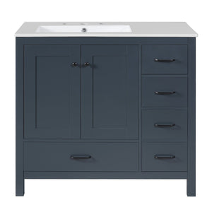 English Elm 36 Inch Matte Blue Freestanding Bathroom Vanity with Ceramic Sink and Soft Close Storage N729P000040C