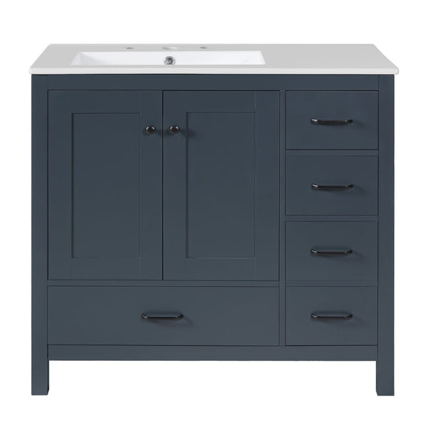 English Elm 36 Inch Matte Blue Freestanding Bathroom Vanity with Ceramic Sink and Soft Close Storage N729P000040C