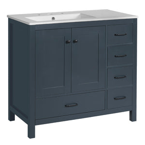 English Elm 36 Inch Matte Blue Freestanding Bathroom Vanity with Ceramic Sink and Soft Close Storage N729P000040C