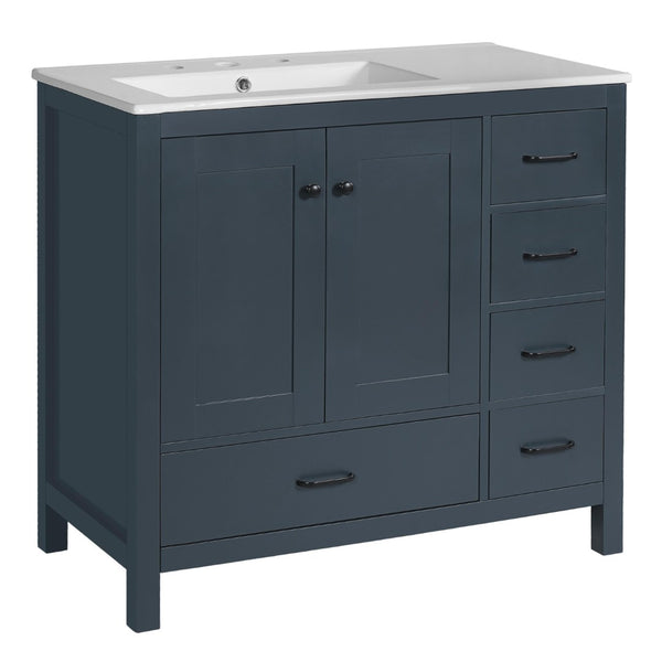English Elm 36 Inch Matte Blue Freestanding Bathroom Vanity with Ceramic Sink and Soft Close Storage N729P000040C