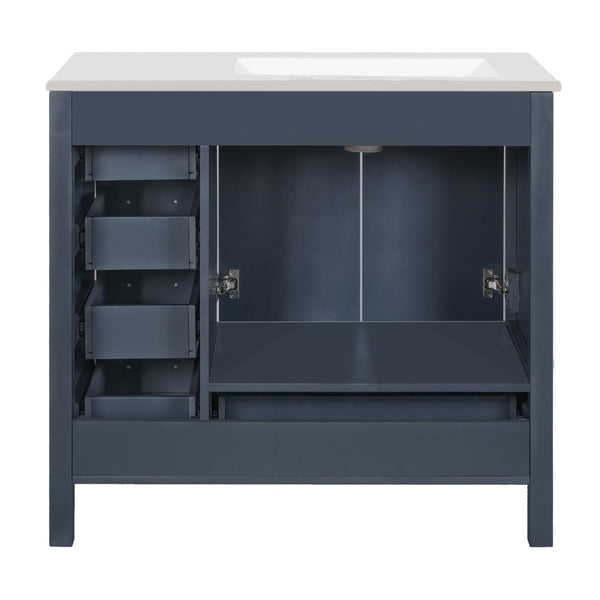 English Elm 36 Inch Matte Blue Freestanding Bathroom Vanity with Ceramic Sink and Soft Close Storage N729P000040C