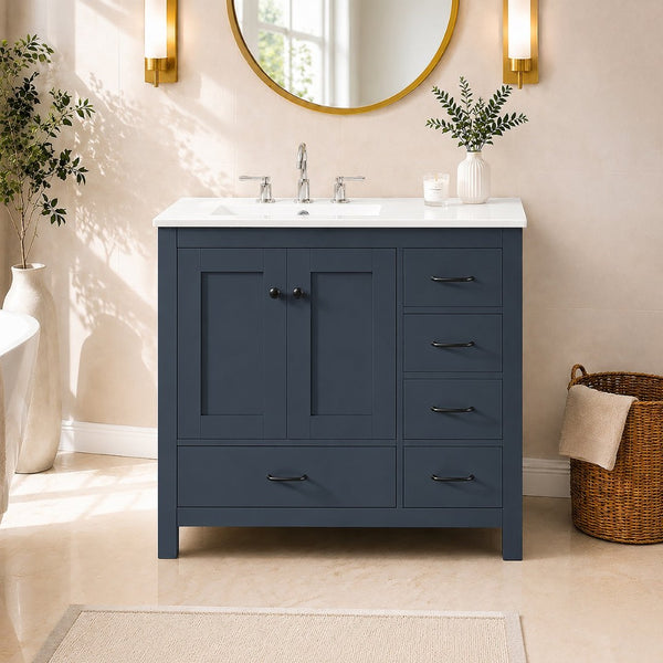 English Elm 36 Inch Matte Blue Freestanding Bathroom Vanity with Ceramic Sink and Soft Close Storage N729P000040C