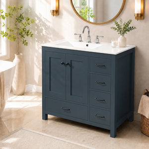 English Elm 36 Inch Matte Blue Freestanding Bathroom Vanity with Ceramic Sink and Soft Close Storage N729P000040C