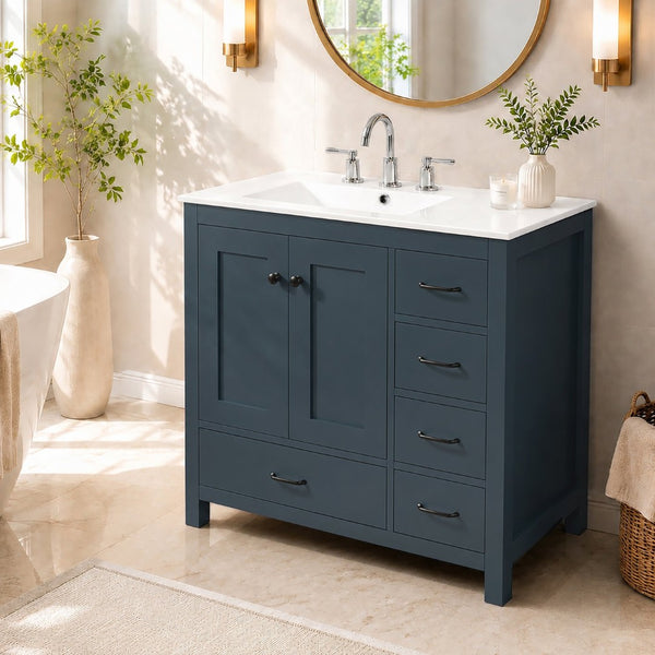 English Elm 36 Inch Matte Blue Freestanding Bathroom Vanity with Ceramic Sink and Soft Close Storage N729P000040C