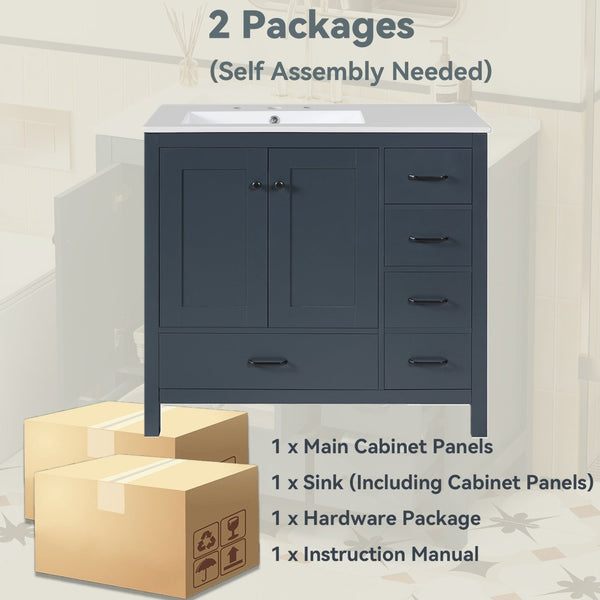 English Elm 36 Inch Matte Blue Freestanding Bathroom Vanity with Ceramic Sink and Soft Close Storage N729P000040C