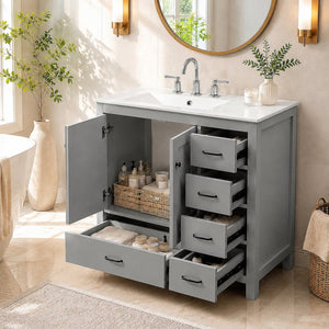 English Elm 36 Inch Gray Bathroom Vanity with Ceramic Sink Soft Close Doors and Five Drawers N729P000040E