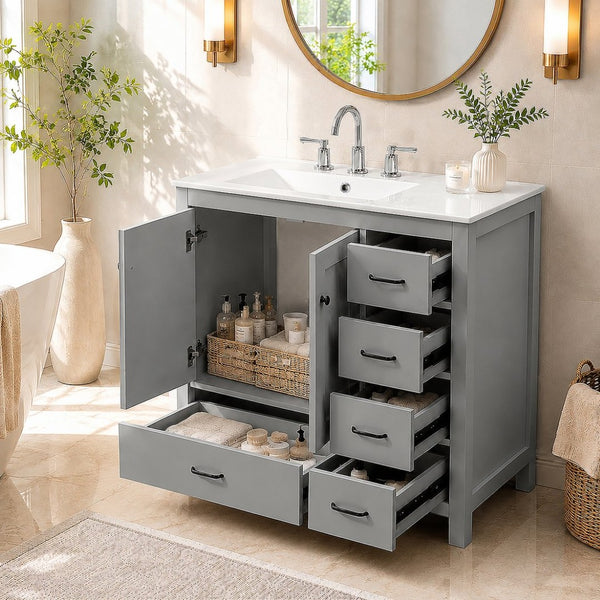 English Elm 36 Inch Gray Bathroom Vanity with Ceramic Sink Soft Close Doors and Five Drawers N729P000040E