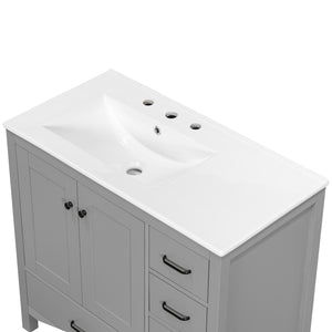 English Elm 36 Inch Gray Bathroom Vanity with Ceramic Sink Soft Close Doors and Five Drawers N729P000040E