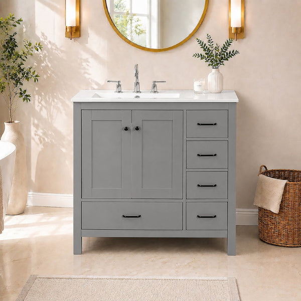 English Elm 36 Inch Gray Bathroom Vanity with Ceramic Sink Soft Close Doors and Five Drawers N729P000040E