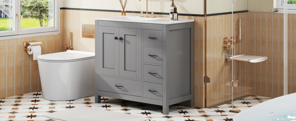 English Elm 36 Inch Gray Bathroom Vanity with Ceramic Sink Soft Close Doors and Five Drawers N729P000040E