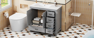 English Elm 36 Inch Gray Bathroom Vanity with Ceramic Sink Soft Close Doors and Five Drawers N729P000040E