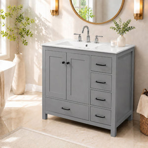 English Elm 36 Inch Gray Bathroom Vanity with Ceramic Sink Soft Close Doors and Five Drawers N729P000040E
