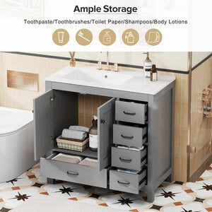 English Elm 36 Inch Gray Bathroom Vanity with Ceramic Sink Soft Close Doors and Five Drawers N729P000040E