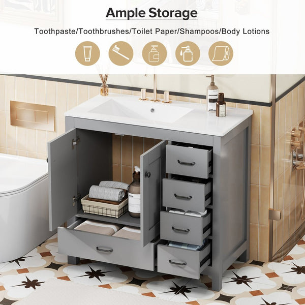English Elm 36 Inch Gray Bathroom Vanity with Ceramic Sink Soft Close Doors and Five Drawers N729P000040E