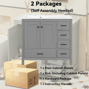 English Elm 36 Inch Gray Bathroom Vanity with Ceramic Sink Soft Close Doors and Five Drawers N729P000040E