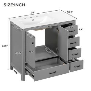 English Elm 36 Inch Gray Bathroom Vanity with Ceramic Sink Soft Close Doors and Five Drawers N729P000040E
