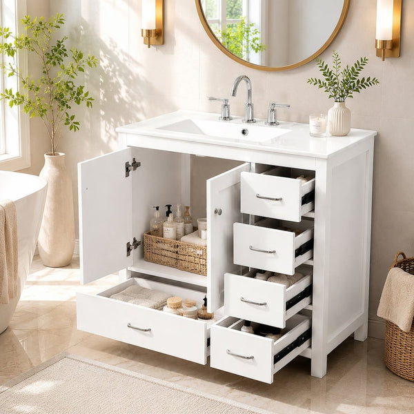 English Elm 36 Inch White Bathroom Vanity Solid Wood Cabinet with Ceramic Sink and Soft Close Drawers N729P000040K
