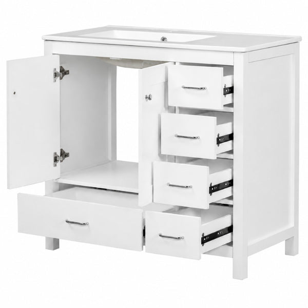 English Elm 36 Inch White Bathroom Vanity Solid Wood Cabinet with Ceramic Sink and Soft Close Drawers N729P000040K