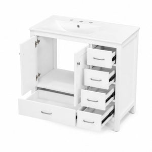 English Elm 36 Inch White Bathroom Vanity Solid Wood Cabinet with Ceramic Sink and Soft Close Drawers N729P000040K