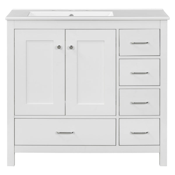 English Elm 36 Inch White Bathroom Vanity Solid Wood Cabinet with Ceramic Sink and Soft Close Drawers N729P000040K