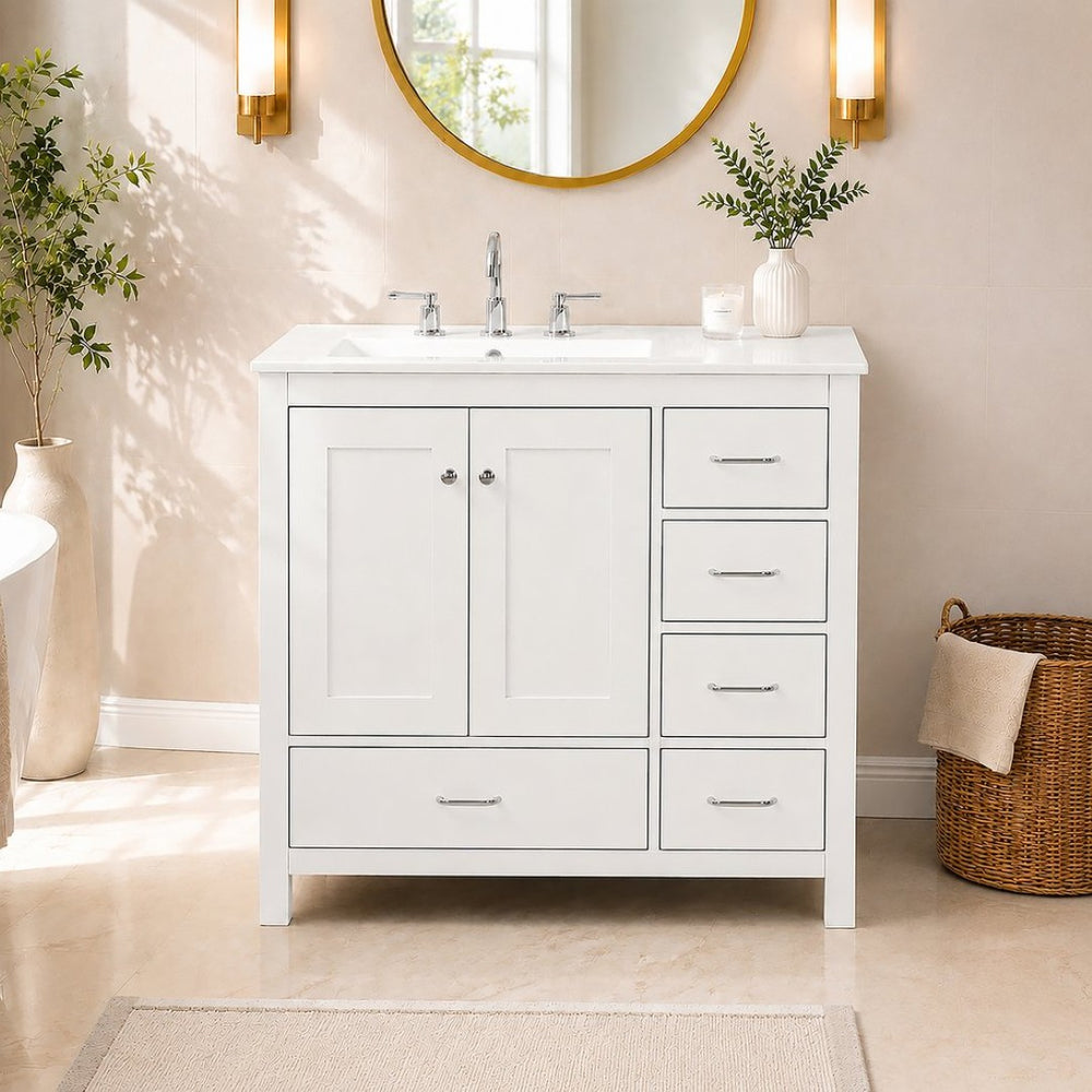 English Elm 36 Inch White Bathroom Vanity Solid Wood Cabinet with Ceramic Sink and Soft Close Drawers N729P000040K