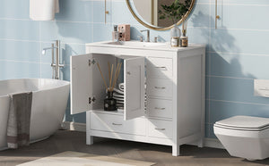 English Elm 36 Inch White Bathroom Vanity Solid Wood Cabinet with Ceramic Sink and Soft Close Drawers N729P000040K