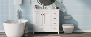 English Elm 36 Inch White Bathroom Vanity Solid Wood Cabinet with Ceramic Sink and Soft Close Drawers N729P000040K