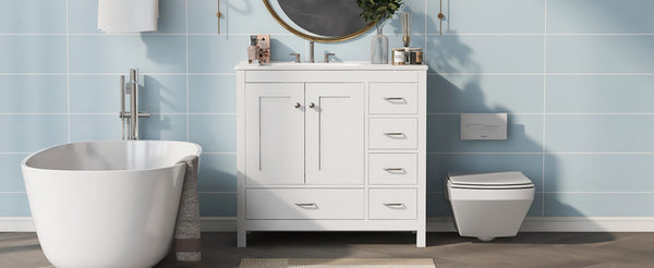 English Elm 36 Inch White Bathroom Vanity Solid Wood Cabinet with Ceramic Sink and Soft Close Drawers N729P000040K