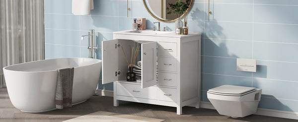 English Elm 36 Inch White Bathroom Vanity Solid Wood Cabinet with Ceramic Sink and Soft Close Drawers N729P000040K
