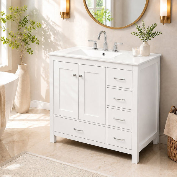 English Elm 36 Inch White Bathroom Vanity Solid Wood Cabinet with Ceramic Sink and Soft Close Drawers N729P000040K