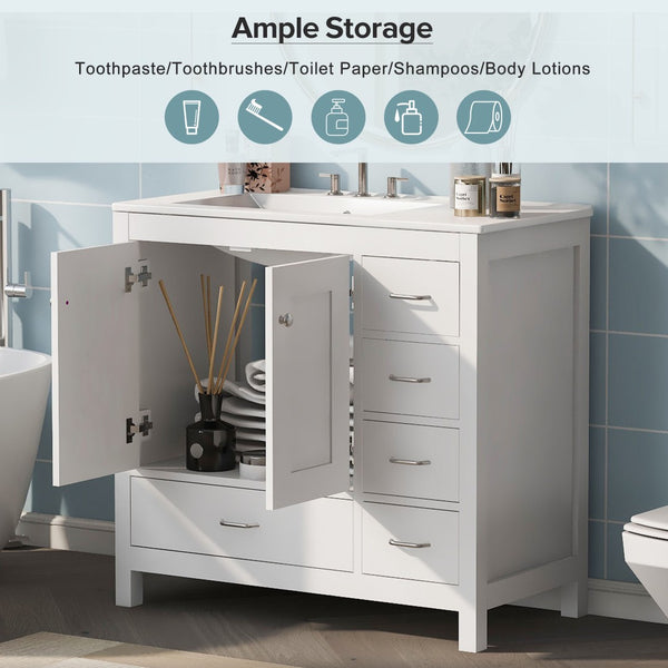 English Elm 36 Inch White Bathroom Vanity Solid Wood Cabinet with Ceramic Sink and Soft Close Drawers N729P000040K