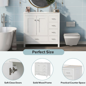 English Elm 36 Inch White Bathroom Vanity Solid Wood Cabinet with Ceramic Sink and Soft Close Drawers N729P000040K