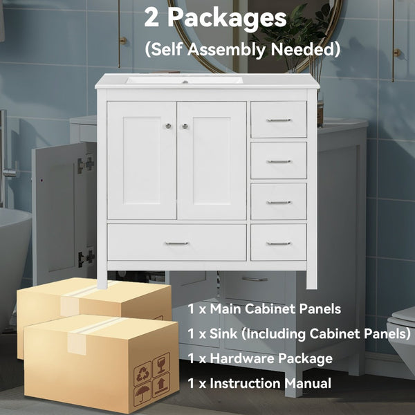 English Elm 36 Inch White Bathroom Vanity Solid Wood Cabinet with Ceramic Sink and Soft Close Drawers N729P000040K