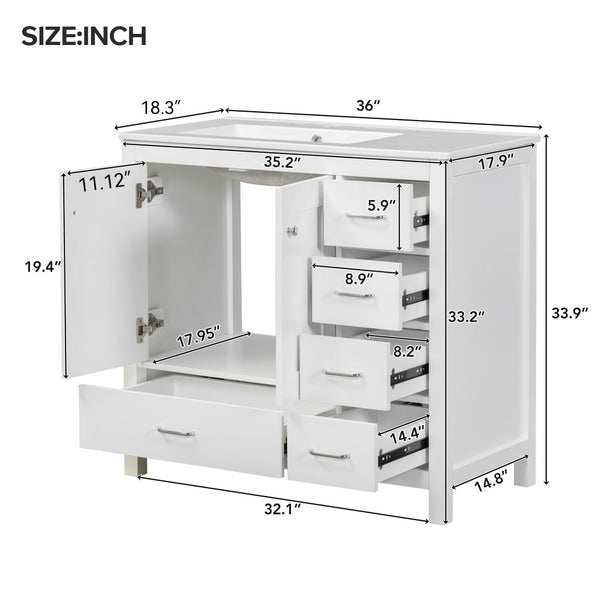 English Elm 36 Inch White Bathroom Vanity Solid Wood Cabinet with Ceramic Sink and Soft Close Drawers N729P000040K