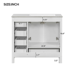 English Elm 36 Inch White Bathroom Vanity Solid Wood Cabinet with Ceramic Sink and Soft Close Drawers N729P000040K