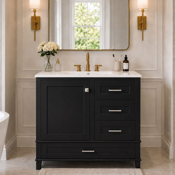 English Elm 36 Inch Freestanding Bathroom Vanity Solid Wood Frame Ceramic Sink Soft Close Storage Black N729P000041B