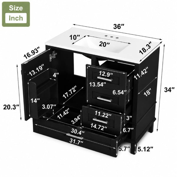 English Elm 36 Inch Freestanding Bathroom Vanity Solid Wood Frame Ceramic Sink Soft Close Storage Black N729P000041B