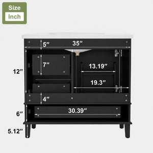 English Elm 36 Inch Freestanding Bathroom Vanity Solid Wood Frame Ceramic Sink Soft Close Storage Black N729P000041B