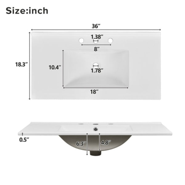 English Elm 36 Inch Freestanding Bathroom Vanity Solid Wood Frame Ceramic Sink Soft Close Storage Black N729P000041B
