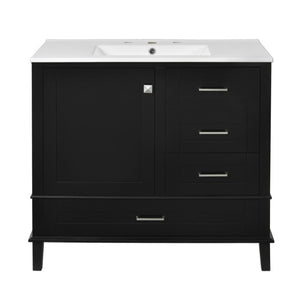 English Elm 36 Inch Freestanding Bathroom Vanity Solid Wood Frame Ceramic Sink Soft Close Storage Black N729P000041B