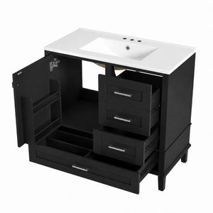 English Elm 36 Inch Freestanding Bathroom Vanity Solid Wood Frame Ceramic Sink Soft Close Storage Black N729P000041B