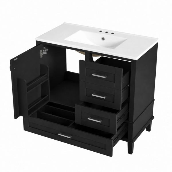 English Elm 36 Inch Freestanding Bathroom Vanity Solid Wood Frame Ceramic Sink Soft Close Storage Black N729P000041B